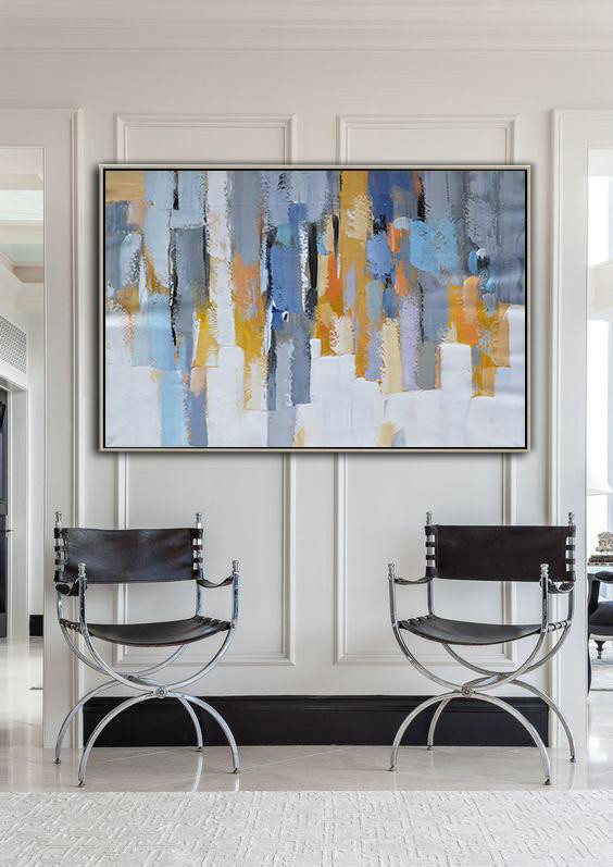 Handmade Large Painting,Oversized Horizontal Contemporary Art,Acrylic Painting On Canvas,White,Grey,Blue,Yellow.etc